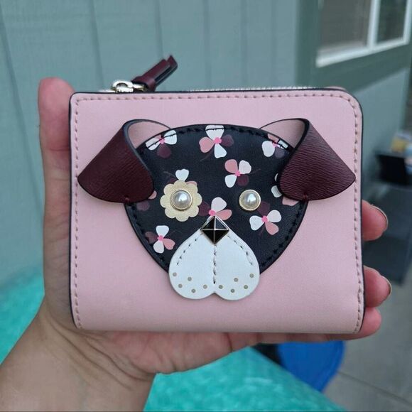 Kate Spade New York Pink Floral 3D Pup Small L-zip Bifold Wallet - Picture 1 of 9